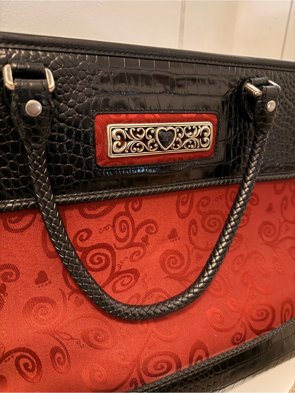 Brighton Ruby Red Jacquard Croc Leather Weekender Travel Bag Carry-On Elegant - Picture 11 of 15